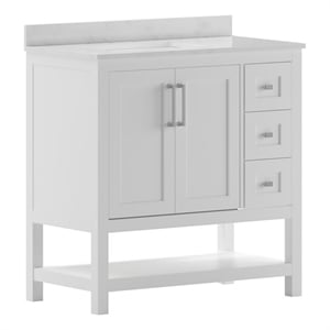 Pemberly Row 36&quot Bathroom Vanity with Sink Open Storage & Storage Drawers-White