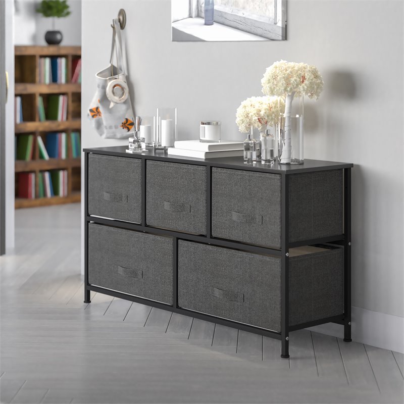 Pemberly Row 5 Drawer Fabric and Cast Iron Storage Chest in Black/Gray