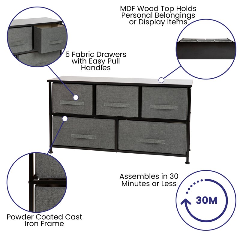 Pemberly Row 5 Drawer Fabric and Cast Iron Storage Chest in Black/Gray