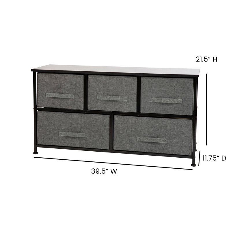 Pemberly Row 5 Drawer Fabric and Cast Iron Storage Chest in Black/Gray
