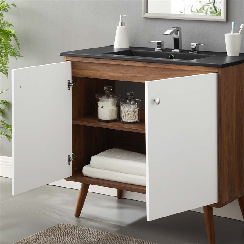 Pemberly Row Modern Wood/Ceramic Bathroom Vanity in Walnut/White