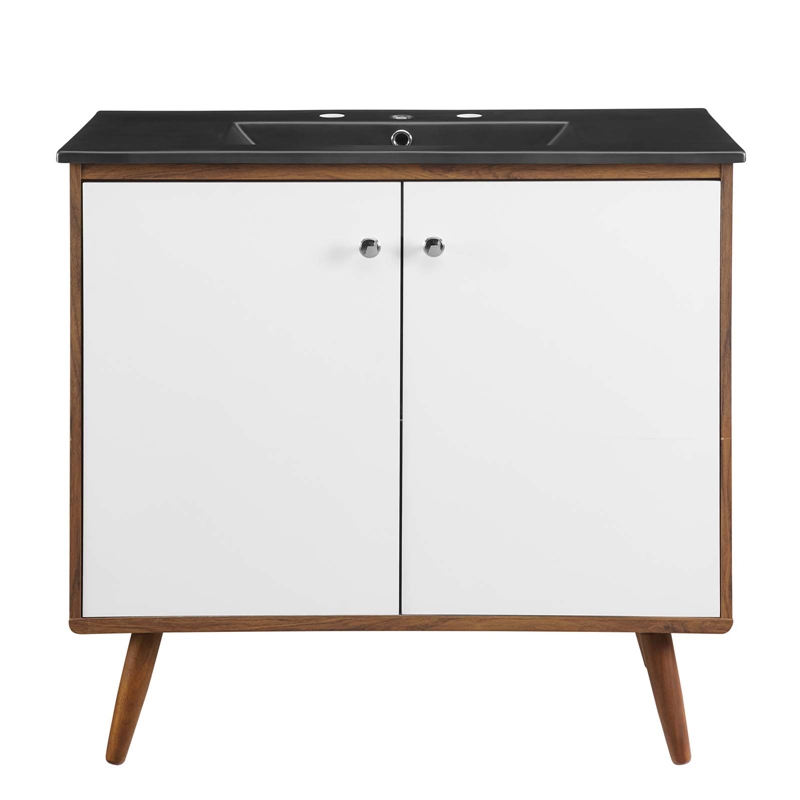 Pemberly Row Modern Wood/Ceramic Bathroom Vanity in Walnut/White
