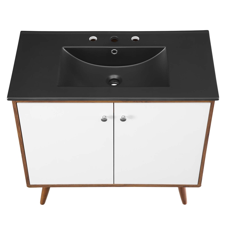 Pemberly Row Modern Wood/Ceramic Bathroom Vanity in Walnut/White