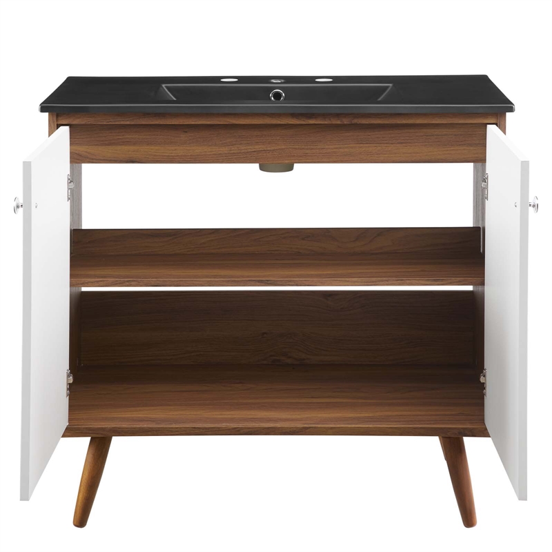 Pemberly Row Modern Wood/Ceramic Bathroom Vanity in Walnut/White