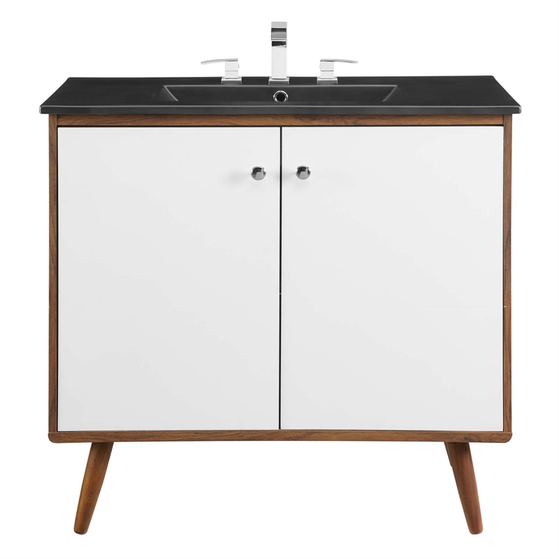 Pemberly Row Modern Wood/Ceramic Bathroom Vanity in Walnut/White