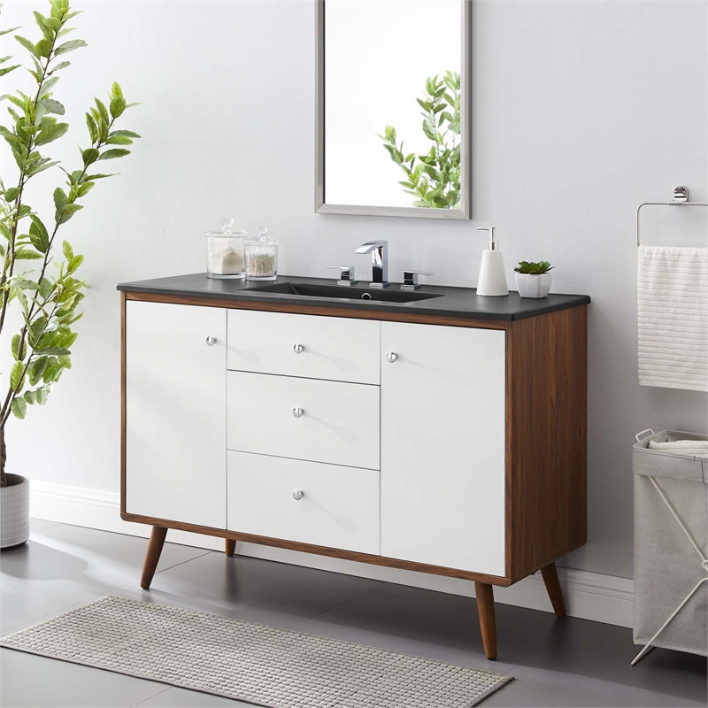 Pemberly Row Modern Wood Single Sink Bathroom Vanity in Walnut/White