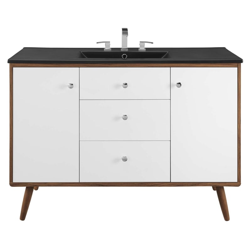 Pemberly Row Modern Wood Single Sink Bathroom Vanity in Walnut/White