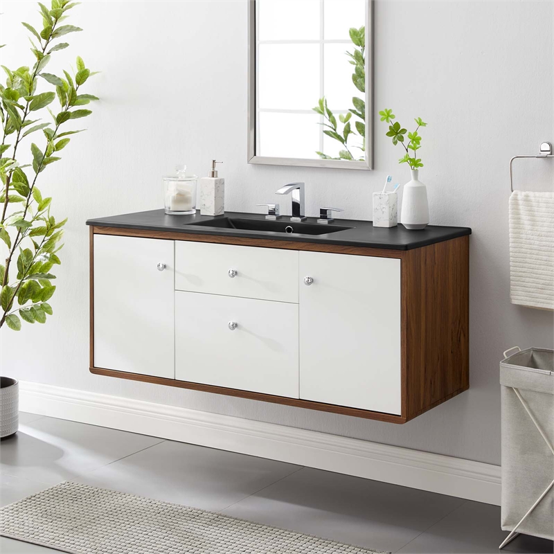 Pemberly Row Modern Wood Wall-Mount Bathroom Vanity in Walnut/White