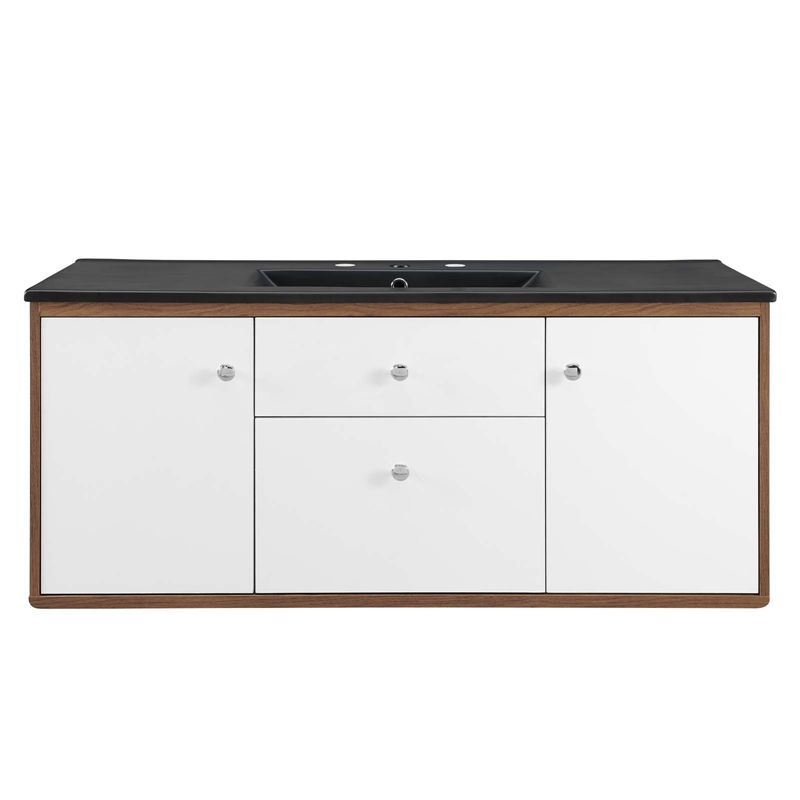 Pemberly Row Modern Wood Wall-Mount Bathroom Vanity in Walnut/White