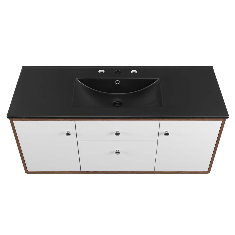 Pemberly Row Modern Wood Wall-Mount Bathroom Vanity in Walnut/White