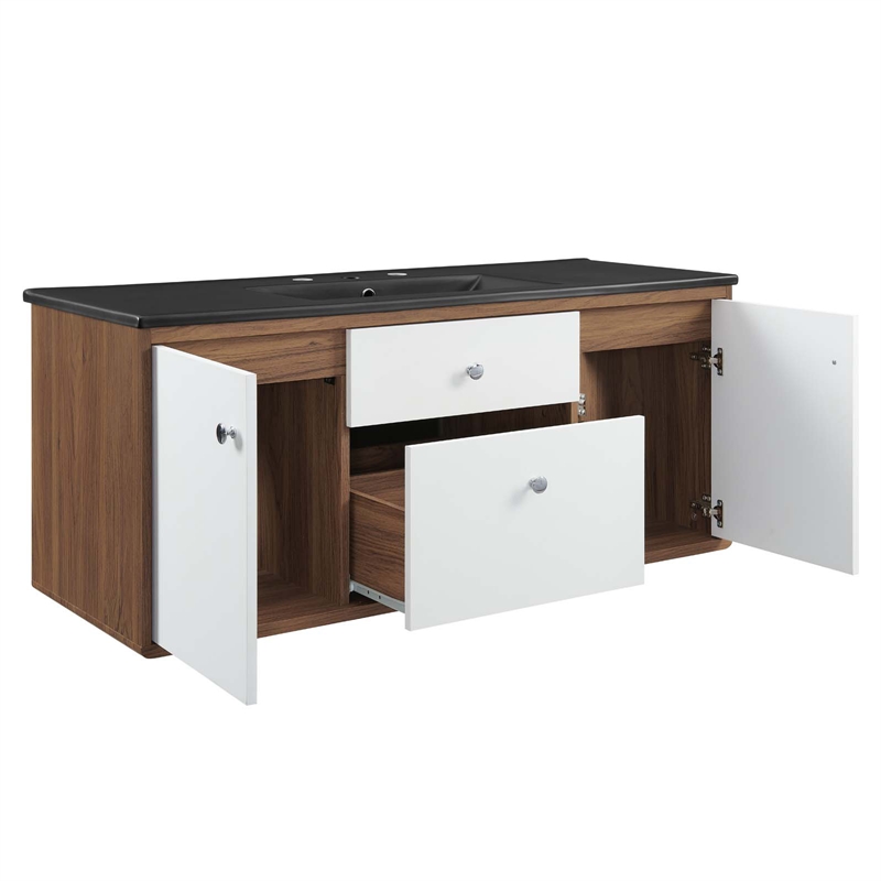 Pemberly Row Modern Wood Wall-Mount Bathroom Vanity in Walnut/White