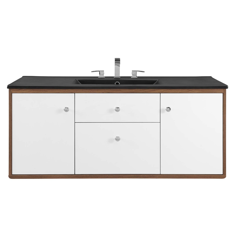 Pemberly Row Modern Wood Wall-Mount Bathroom Vanity in Walnut/White