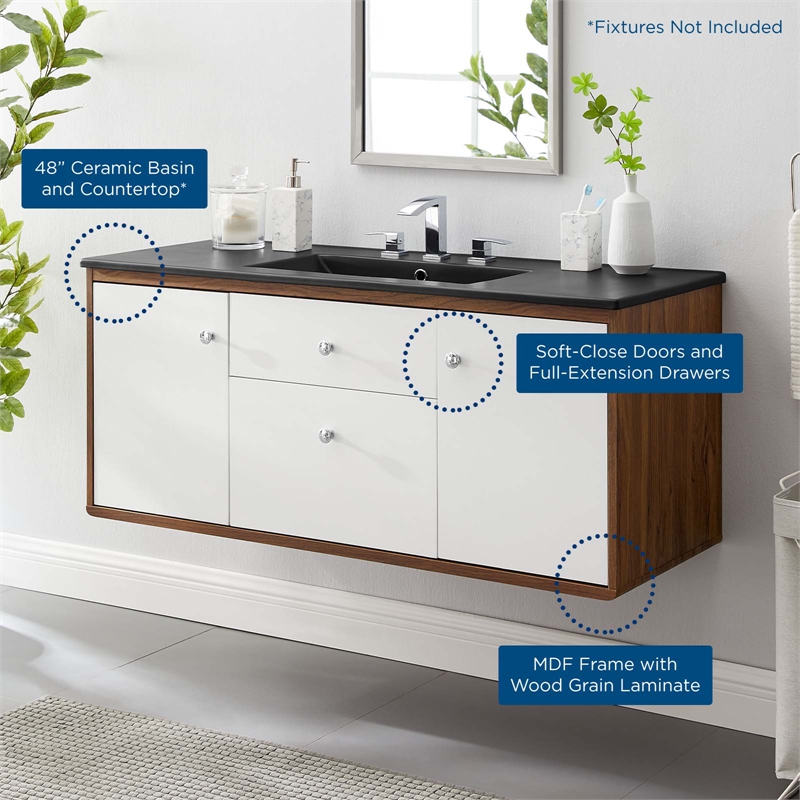 Pemberly Row Modern Wood Wall-Mount Bathroom Vanity in Walnut/White