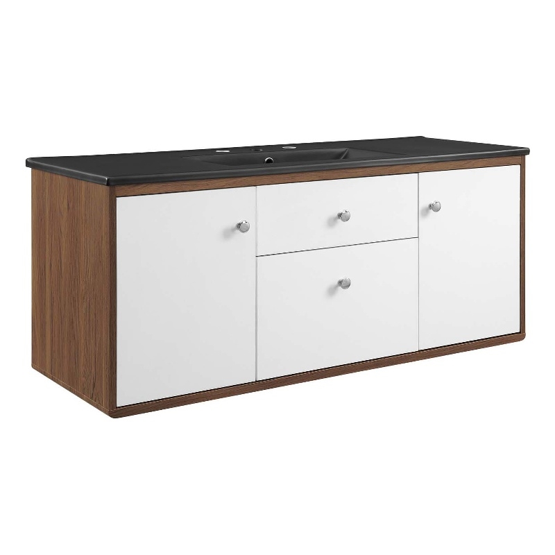 Pemberly Row Modern Wood Wall-Mount Bathroom Vanity in Walnut/White