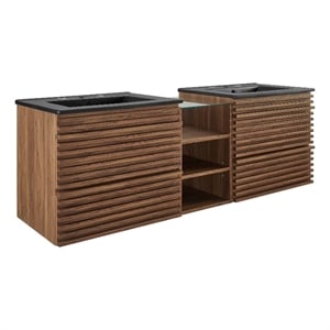 Pemberly Row Contemporary Wall-Mount Bathroom Vanity in Walnut/Black
