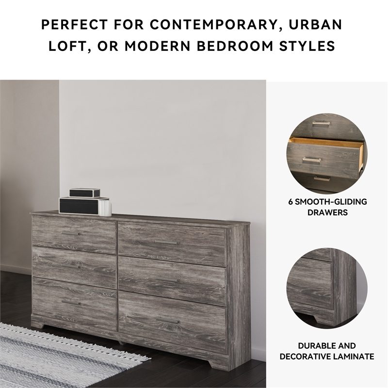 Pemberly Row Wooden 6-Drawer Farmhouse Bedroom Dresser in Gray