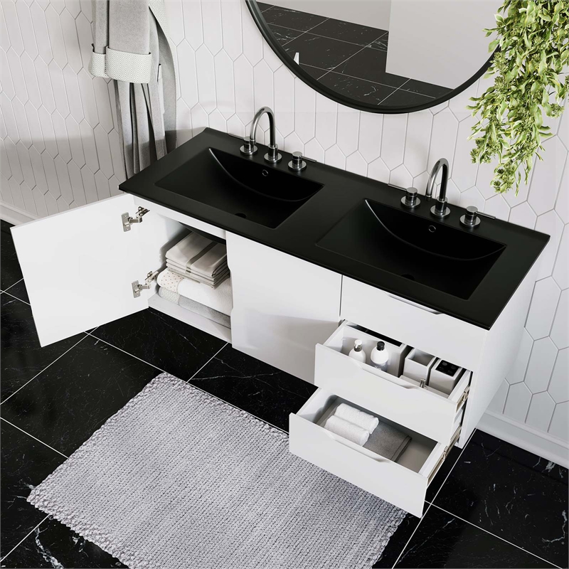 Pemberly Row Modern Wood/Ceramic Double Sink Bathroom Vanity in White/Black