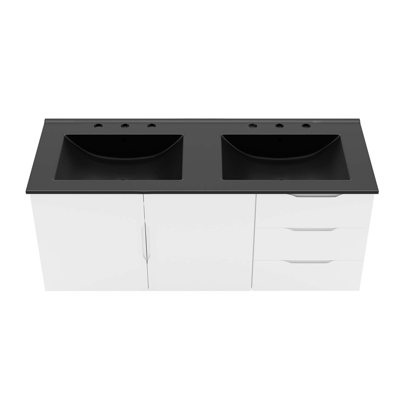Pemberly Row Modern Wood/Ceramic Double Sink Bathroom Vanity in White/Black