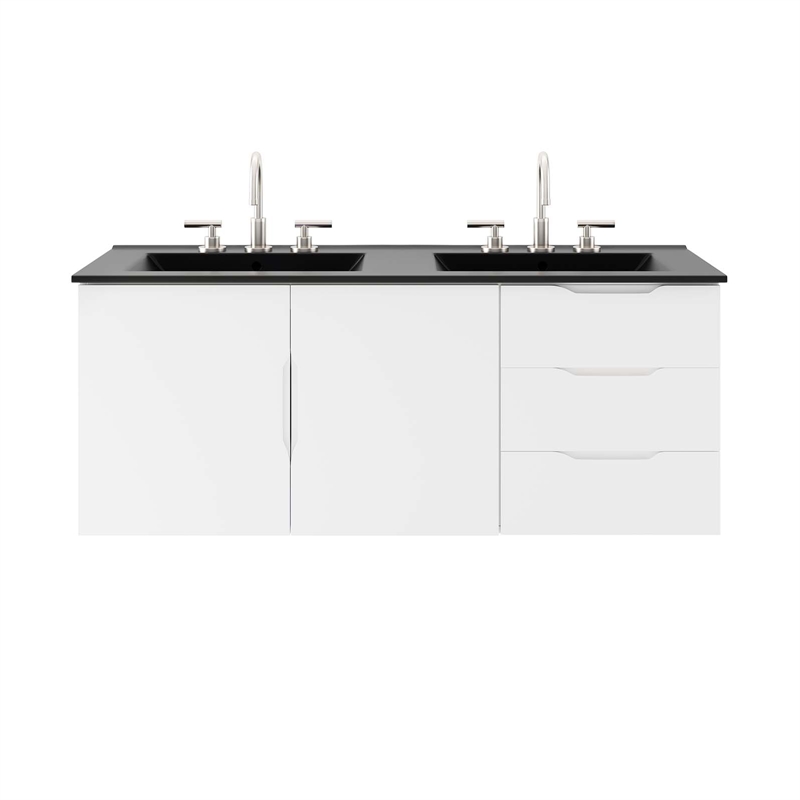 Pemberly Row Modern Wood/Ceramic Double Sink Bathroom Vanity in White/Black