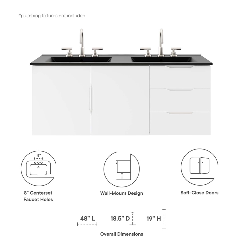 Pemberly Row Modern Wood/Ceramic Double Sink Bathroom Vanity in White/Black