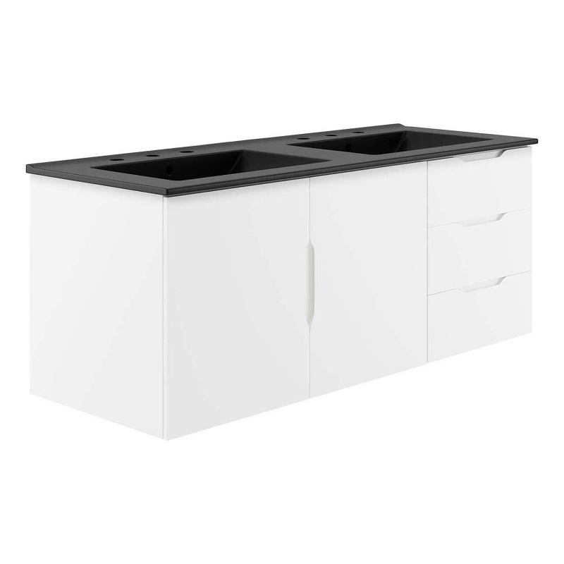 Pemberly Row Modern Wood/Ceramic Double Sink Bathroom Vanity in White/Black