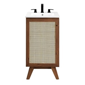 Pemberly Row 18&quot Modern Wood Bathroom Vanity with Rattan Door in Walnut/White