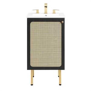 Pemberly Row 18&quot Wood & Rattan Bathroom Vanity in Black/White