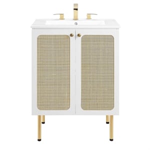 Pemberly Row 24&quot Wood & Rattan Bathroom Vanity with Adjustable Shelf in White