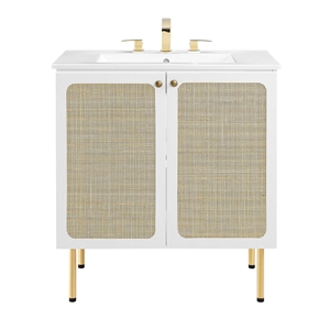 Pemberly Row 30&quot Wood & Rattan Bathroom Vanity with Adjustable Shelf in White