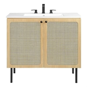 Pemberly Row Contemporary 36&quot Wood & Rattan Bathroom Vanity in Oak/White