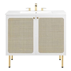 Pemberly Row 36&quot Wood & Rattan Bathroom Vanity with Adjustable Shelf in White