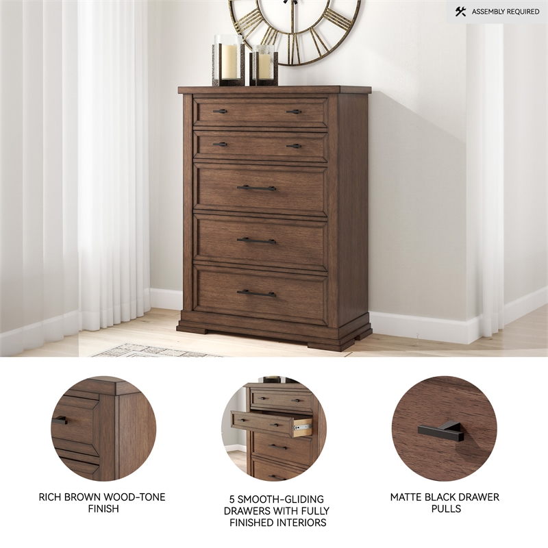 Pemberly Row Wooden Traditional Brown Finish Chest of Drawers