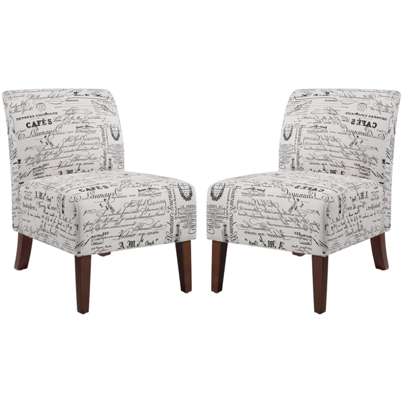 Pemberly Row 2-Piece Accent Chair Set in Cream and Black Script Linen with Solid Wood Legs