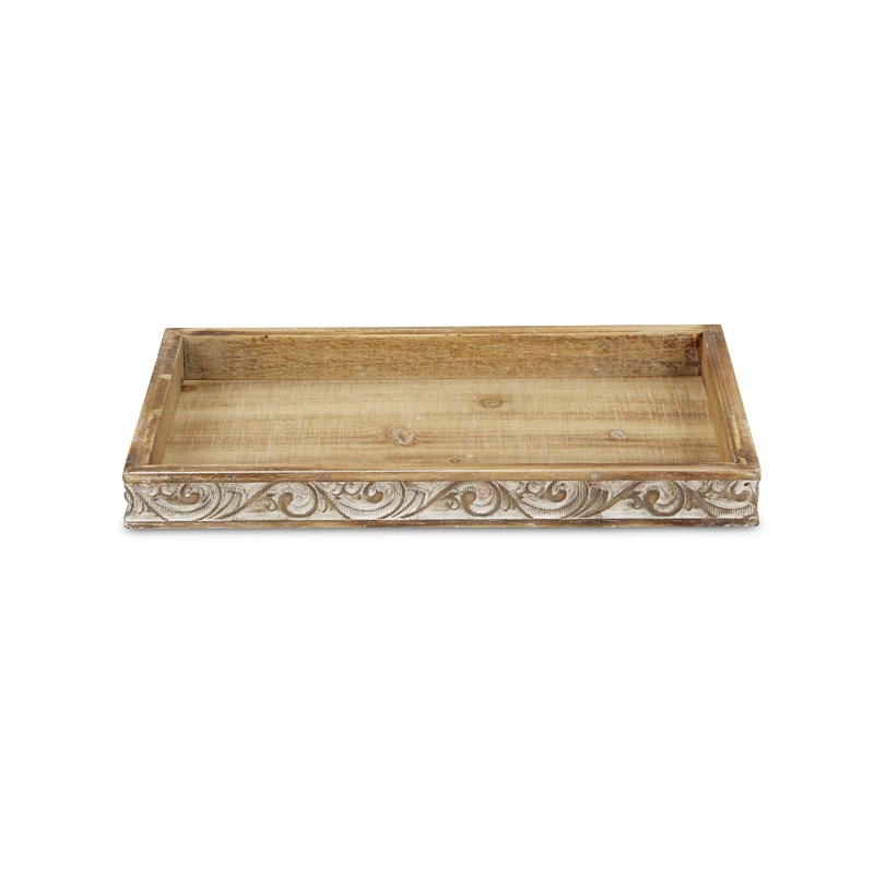 Pemberly Row Handcrafted Brown & White Solid Wood Tray with Side Carvings