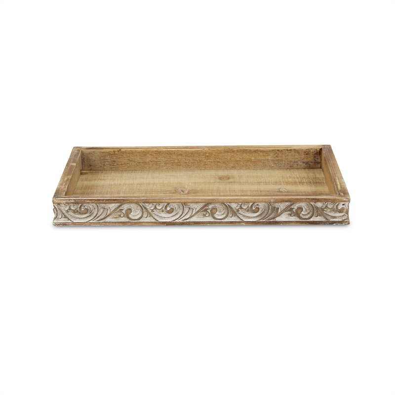 Pemberly Row Handcrafted Brown & White Solid Wood Tray with Side Carvings