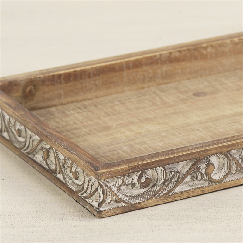 Pemberly Row Handcrafted Brown & White Solid Wood Tray with Side Carvings