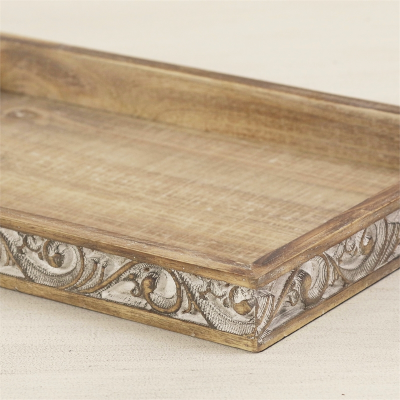 Pemberly Row Handcrafted Brown & White Solid Wood Tray with Side Carvings