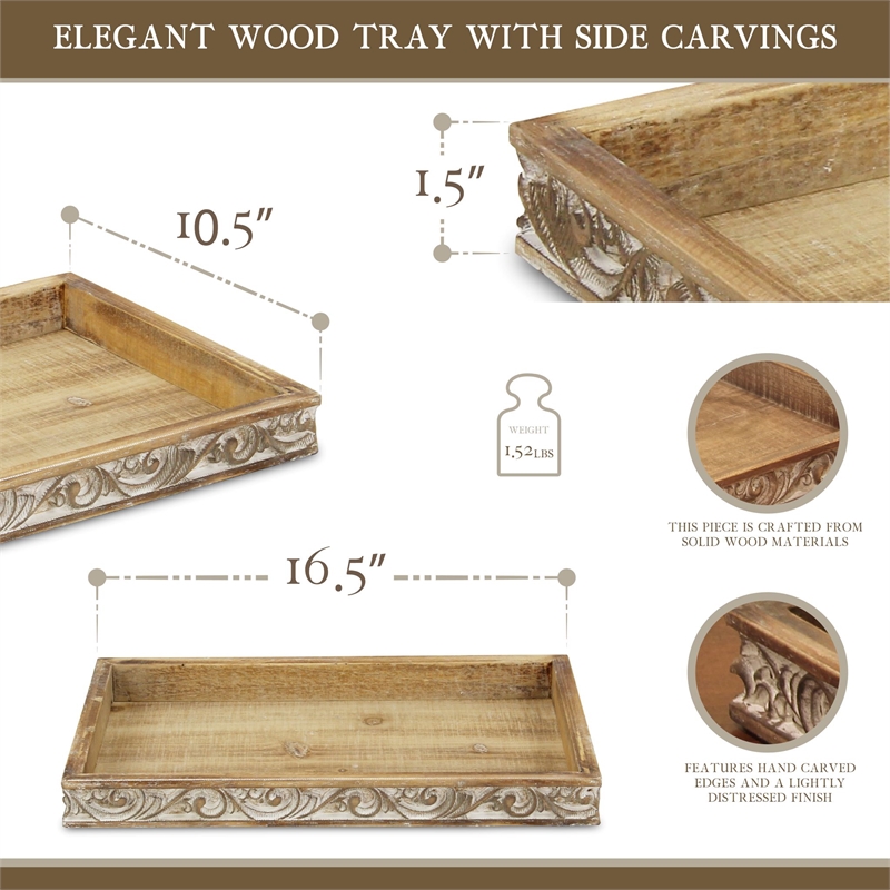 Pemberly Row Handcrafted Brown & White Solid Wood Tray with Side Carvings