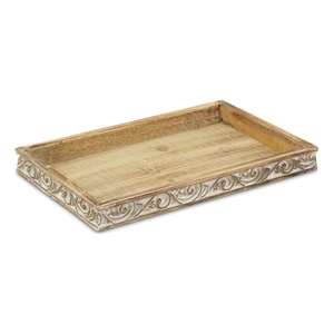 Pemberly Row Handcrafted Brown & White Solid Wood Tray with Side Carvings