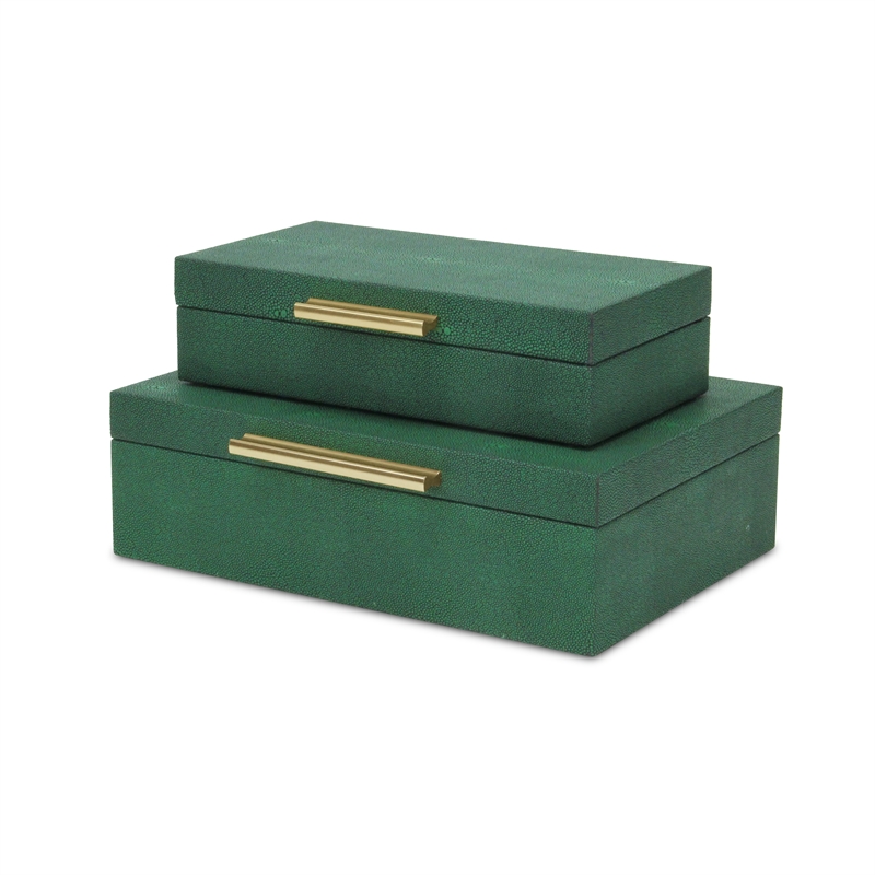 Pemberly Row Set of 2 Rectangular Box Set in Green Faux Shagreen