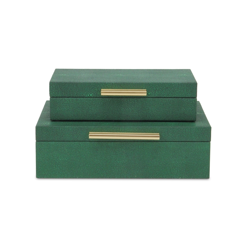 Pemberly Row Set of 2 Rectangular Box Set in Green Faux Shagreen