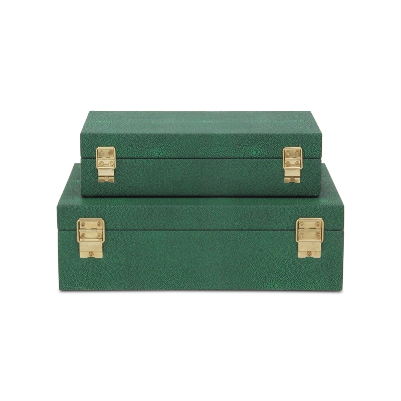 Pemberly Row Set of 2 Rectangular Box Set in Green Faux Shagreen