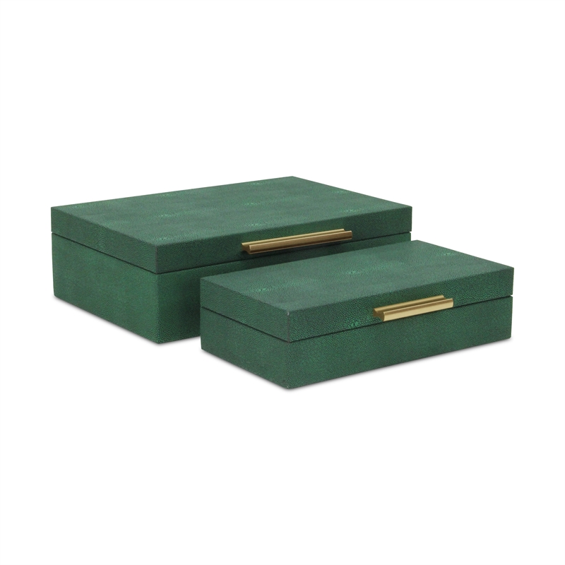 Pemberly Row Set of 2 Rectangular Box Set in Green Faux Shagreen