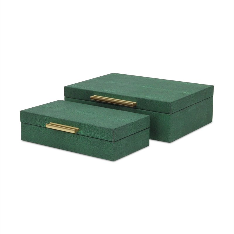 Pemberly Row Set of 2 Rectangular Box Set in Green Faux Shagreen