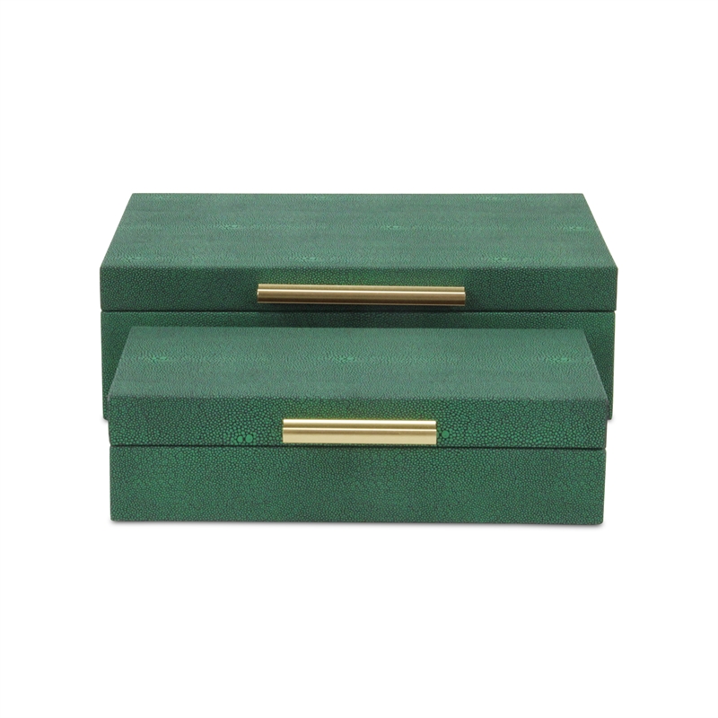 Pemberly Row Set of 2 Rectangular Box Set in Green Faux Shagreen