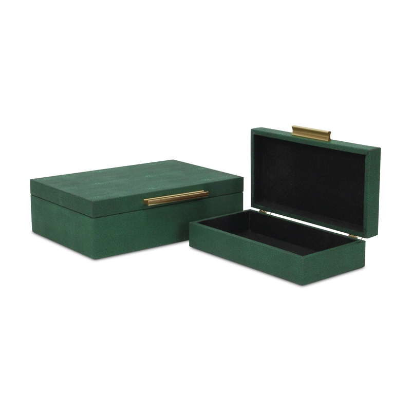 Pemberly Row Set of 2 Rectangular Box Set in Green Faux Shagreen