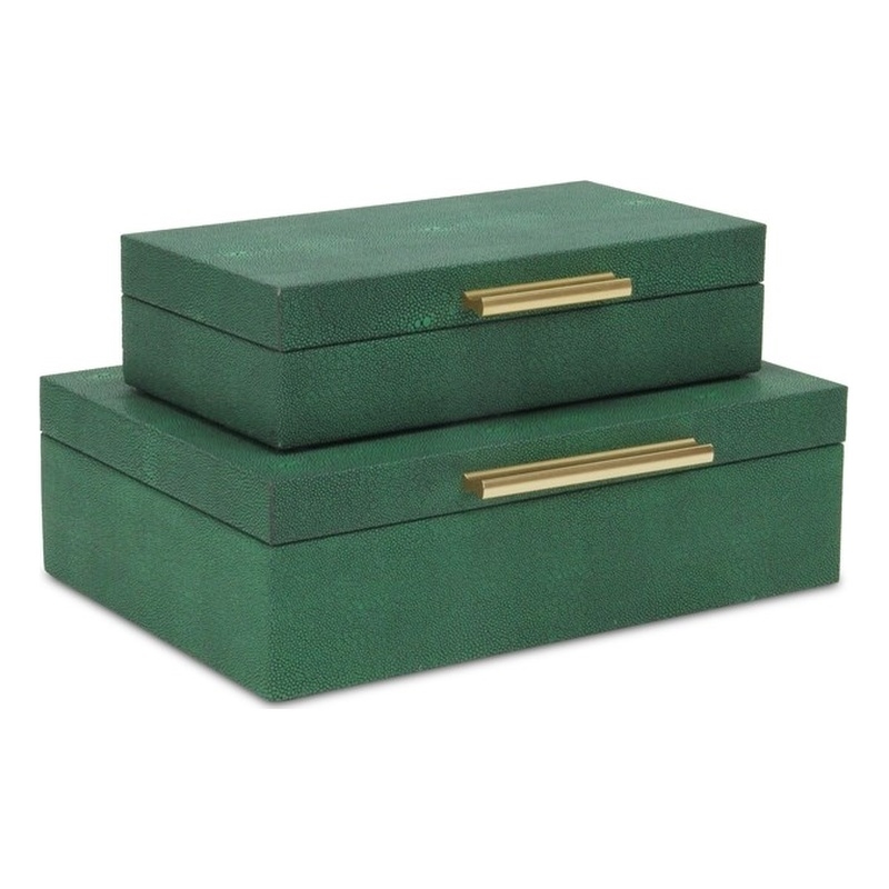 Pemberly Row Set of 2 Rectangular Box Set in Green Faux Shagreen