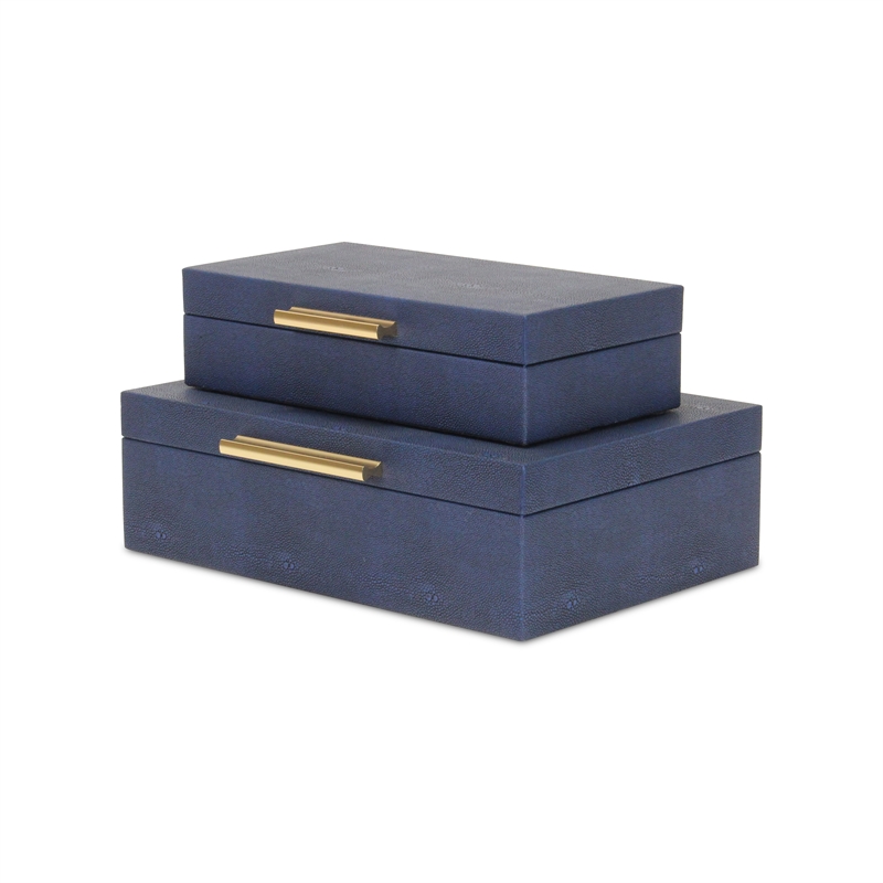 Pemberly Row Set of 2 Rectangular Box Set in Navy Blue Faux Shagreen