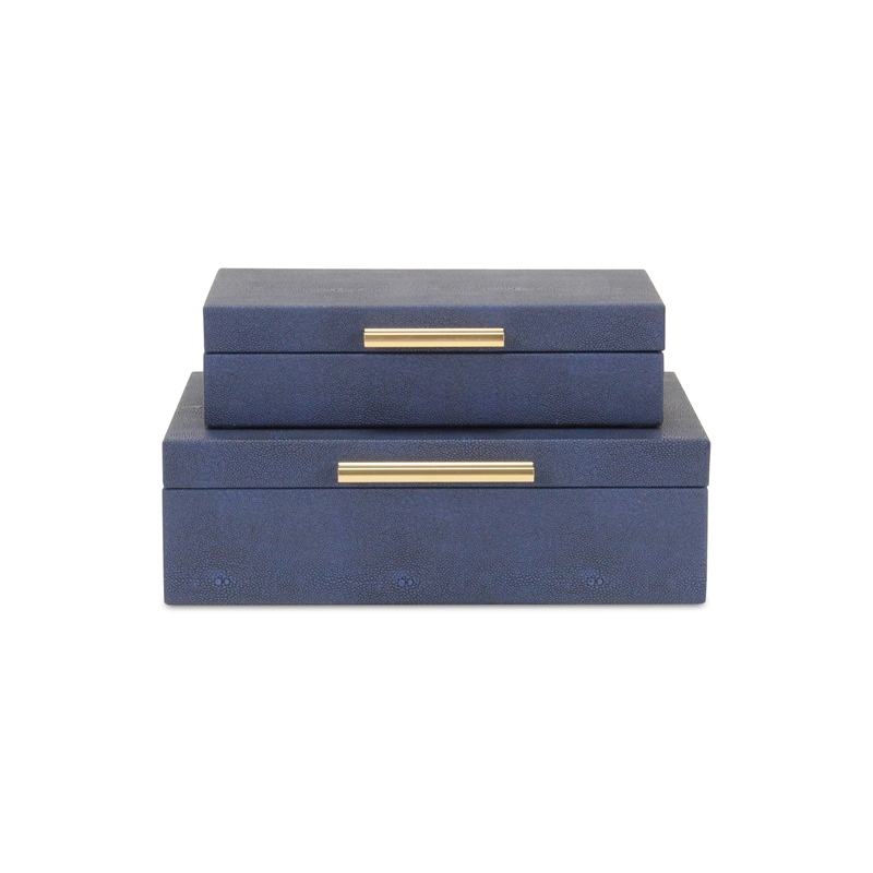 Pemberly Row Set of 2 Rectangular Box Set in Navy Blue Faux Shagreen