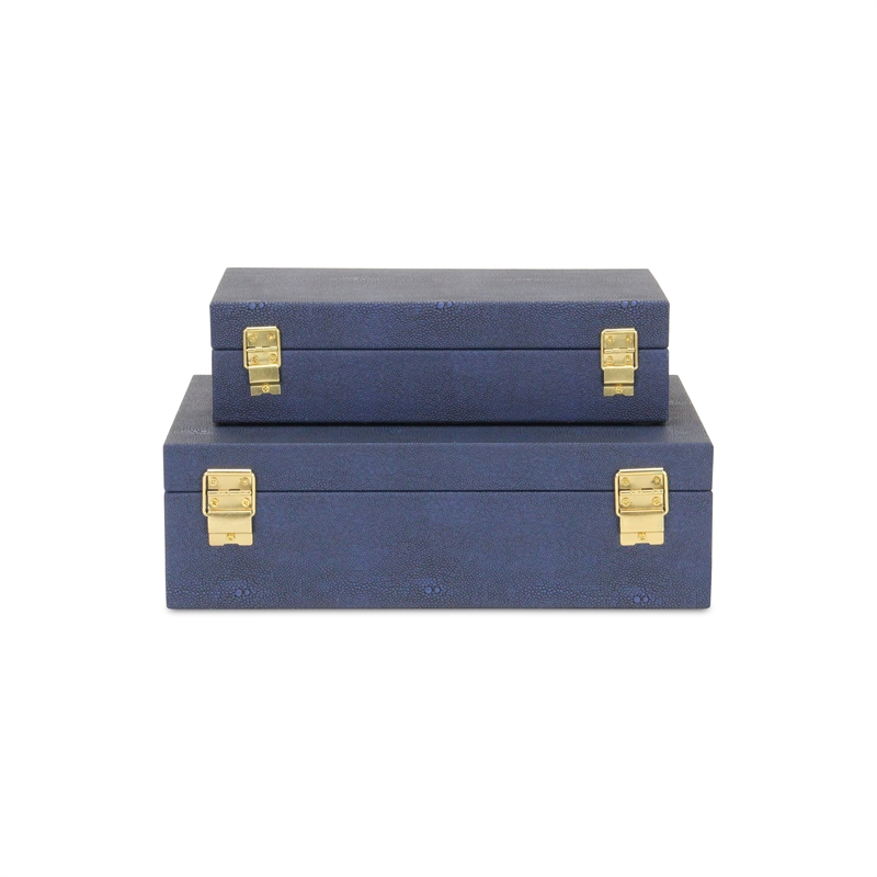 Pemberly Row Set of 2 Rectangular Box Set in Navy Blue Faux Shagreen